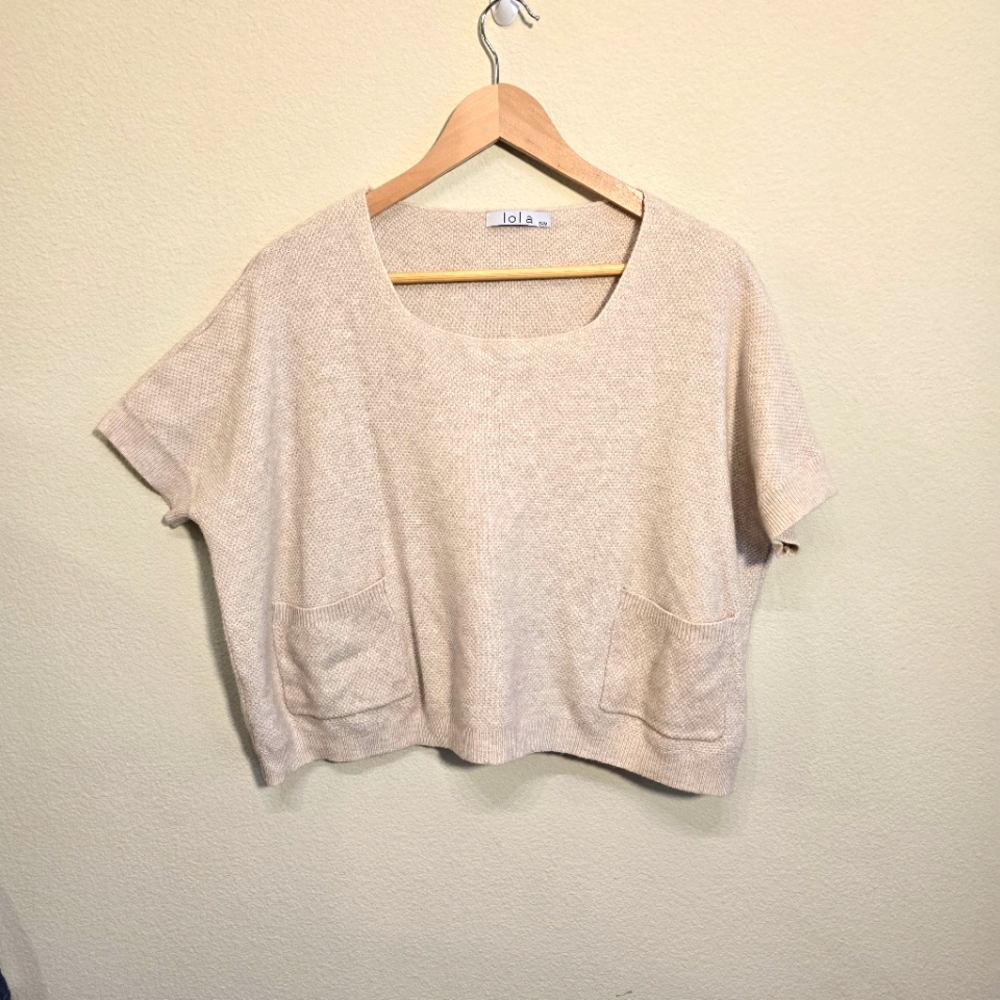Lola Beige Short Sleeve Knit Top, Oversized, Wool Blend